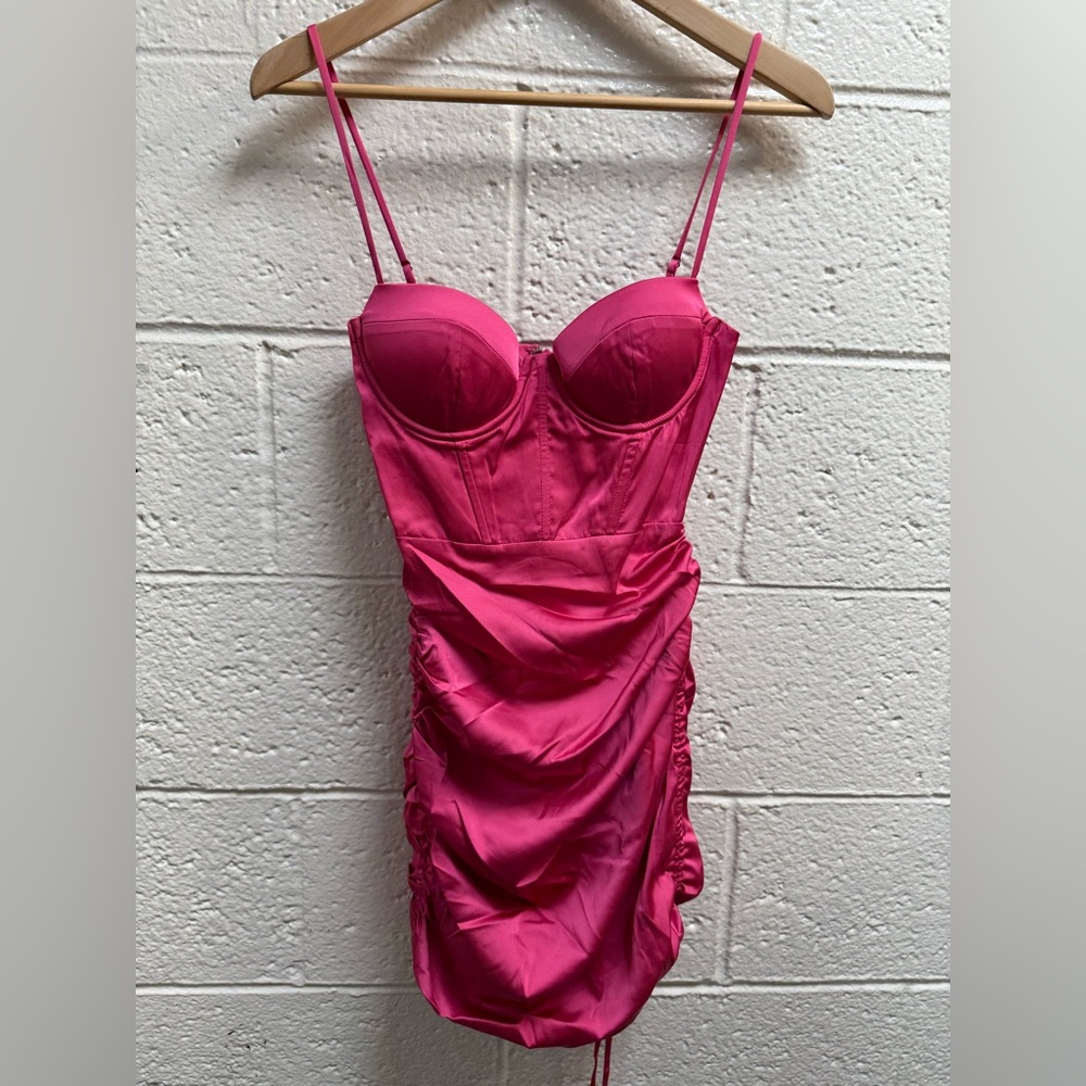 NWT TIMELESS ROMANCE Ruched Asymmetric Satin Mini Dress in Pink US Size 0